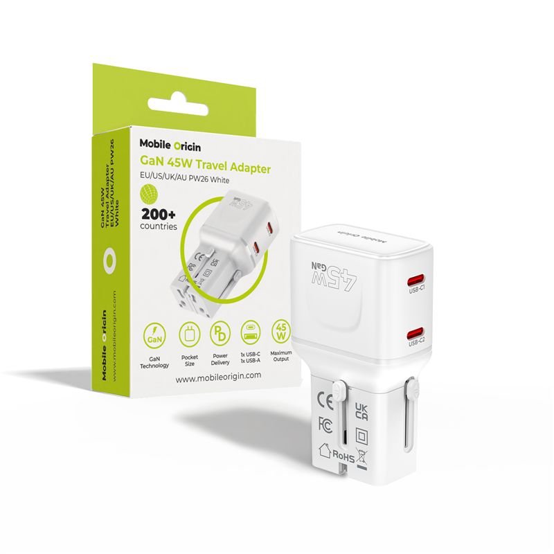 Mobile Origin Φορτιστής Ταξιδίου 2 Θυρών USB - C με Αντάπτορες Πρίζας EU/US/UK/AU - GaN 45W - Travel Adapter PW26 - White
