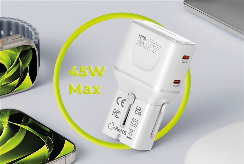 Mobile Origin Φορτιστής Ταξιδίου 2 Θυρών USB - C με Αντάπτορες Πρίζας EU/US/UK/AU - GaN 45W - Travel Adapter PW26 - White