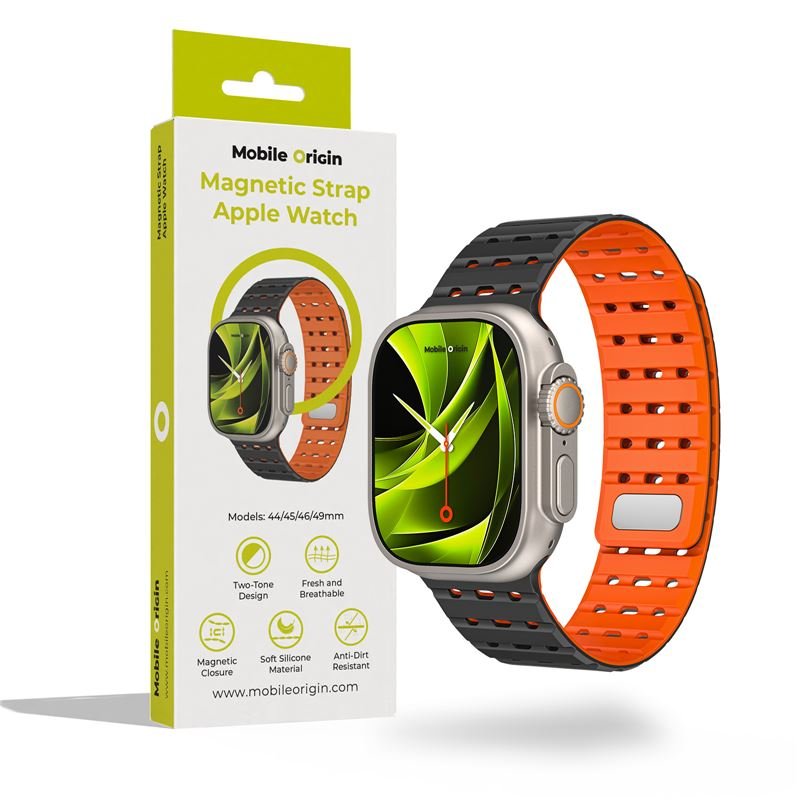 Mobile Origin Λουράκι Apple Watch 8/9/10/11 - SE (1/2/3) - Ultra (1/2/3) - 44/45/49mm Σιλικόνης - Magnetic Strap - Black / Orange