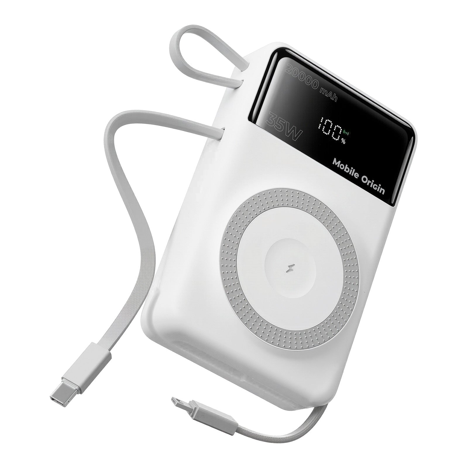 Mobile Origin - Μαγνητικό Ασύρματο MagSafe Power Bank Κινητού 20.000mAh με Ενσωματωμένα Καλώδια Lightning και Type - C - PB15 - White