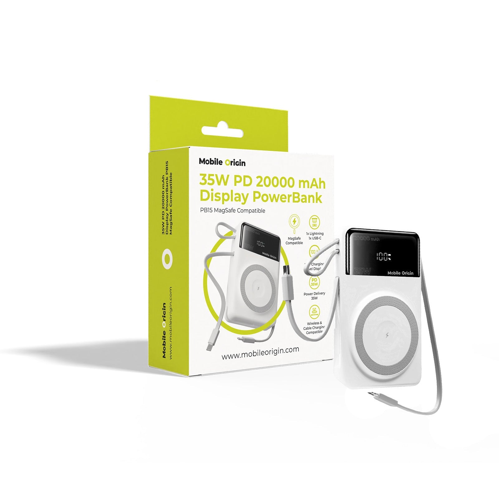 Mobile Origin - Μαγνητικό Ασύρματο MagSafe Power Bank Κινητού 20.000mAh με Ενσωματωμένα Καλώδια Lightning και Type - C - PB15 - White