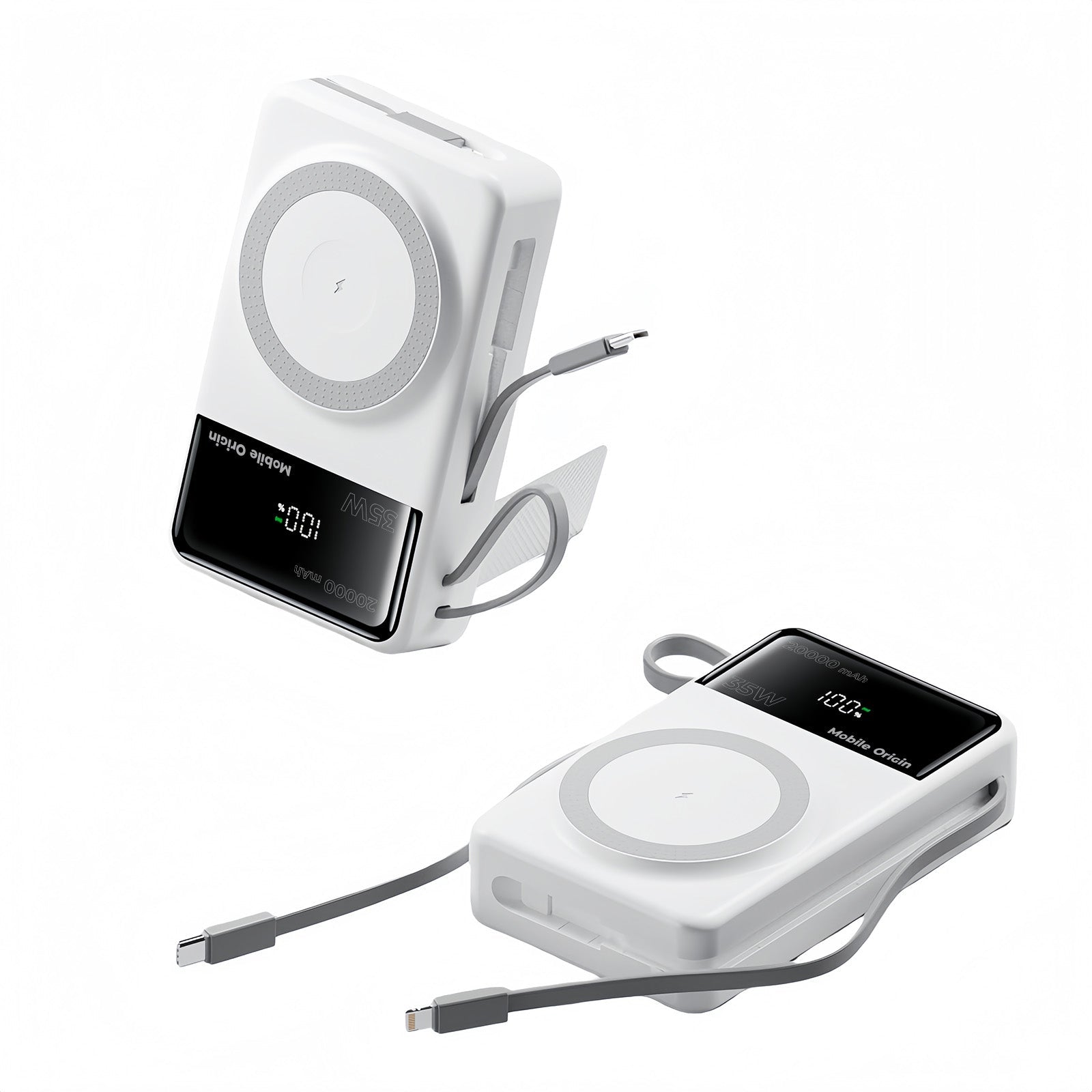 Mobile Origin - Μαγνητικό Ασύρματο MagSafe Power Bank Κινητού 20.000mAh με Ενσωματωμένα Καλώδια Lightning και Type - C - PB15 - White