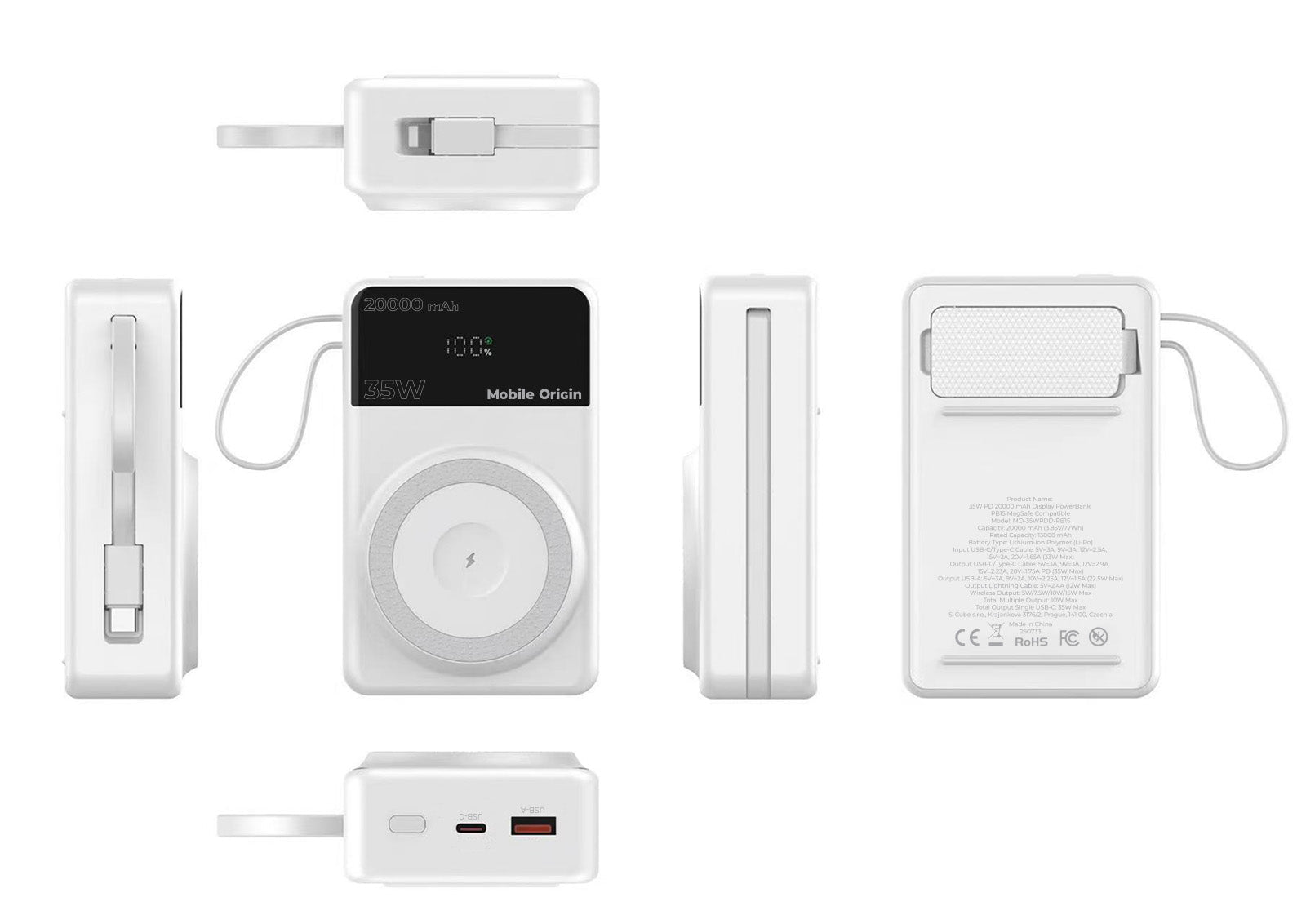 Mobile Origin - Μαγνητικό Ασύρματο MagSafe Power Bank Κινητού 20.000mAh με Ενσωματωμένα Καλώδια Lightning και Type - C - PB15 - White