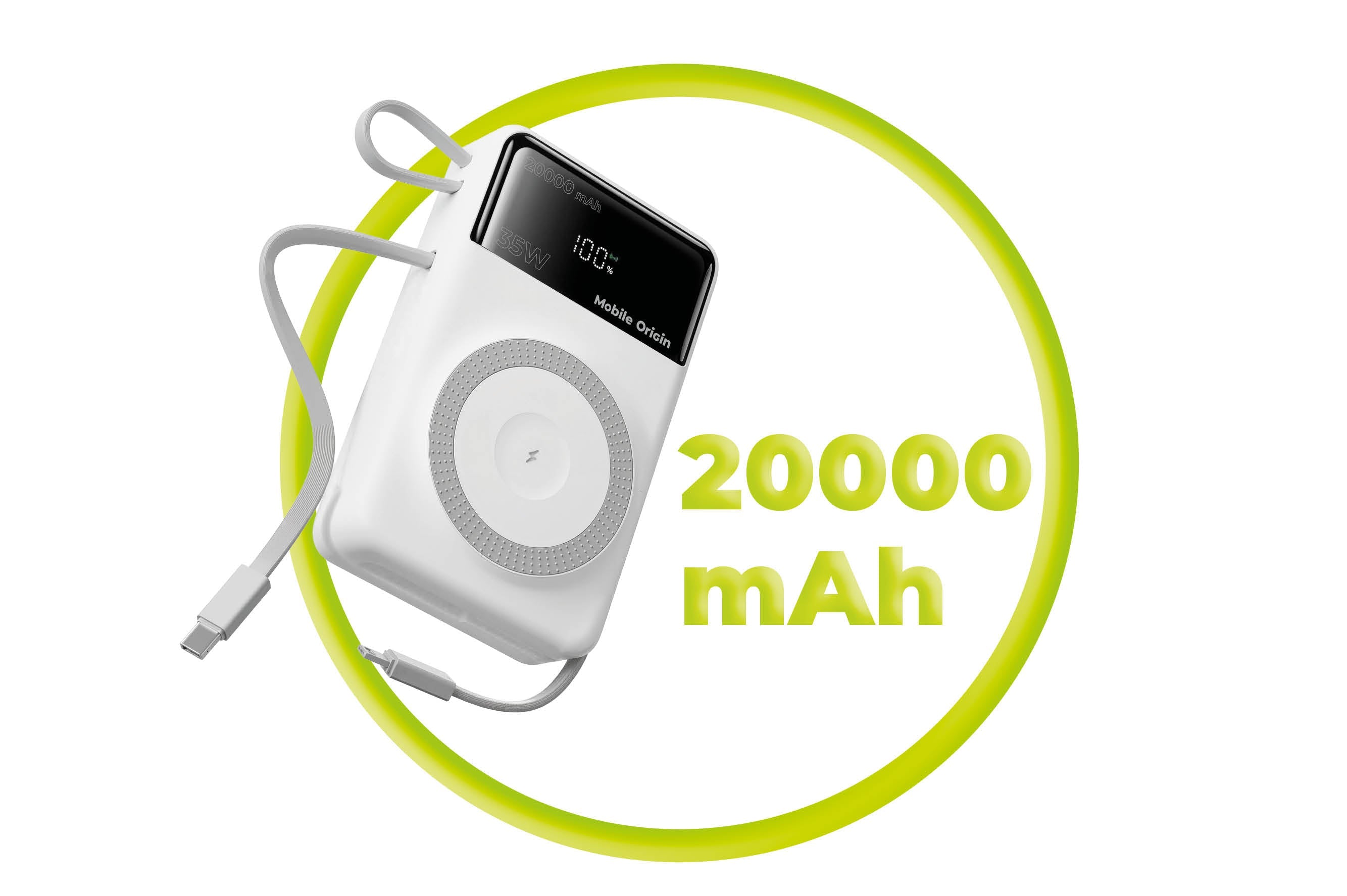 Mobile Origin - Μαγνητικό Ασύρματο MagSafe Power Bank Κινητού 20.000mAh με Ενσωματωμένα Καλώδια Lightning και Type - C - PB15 - White