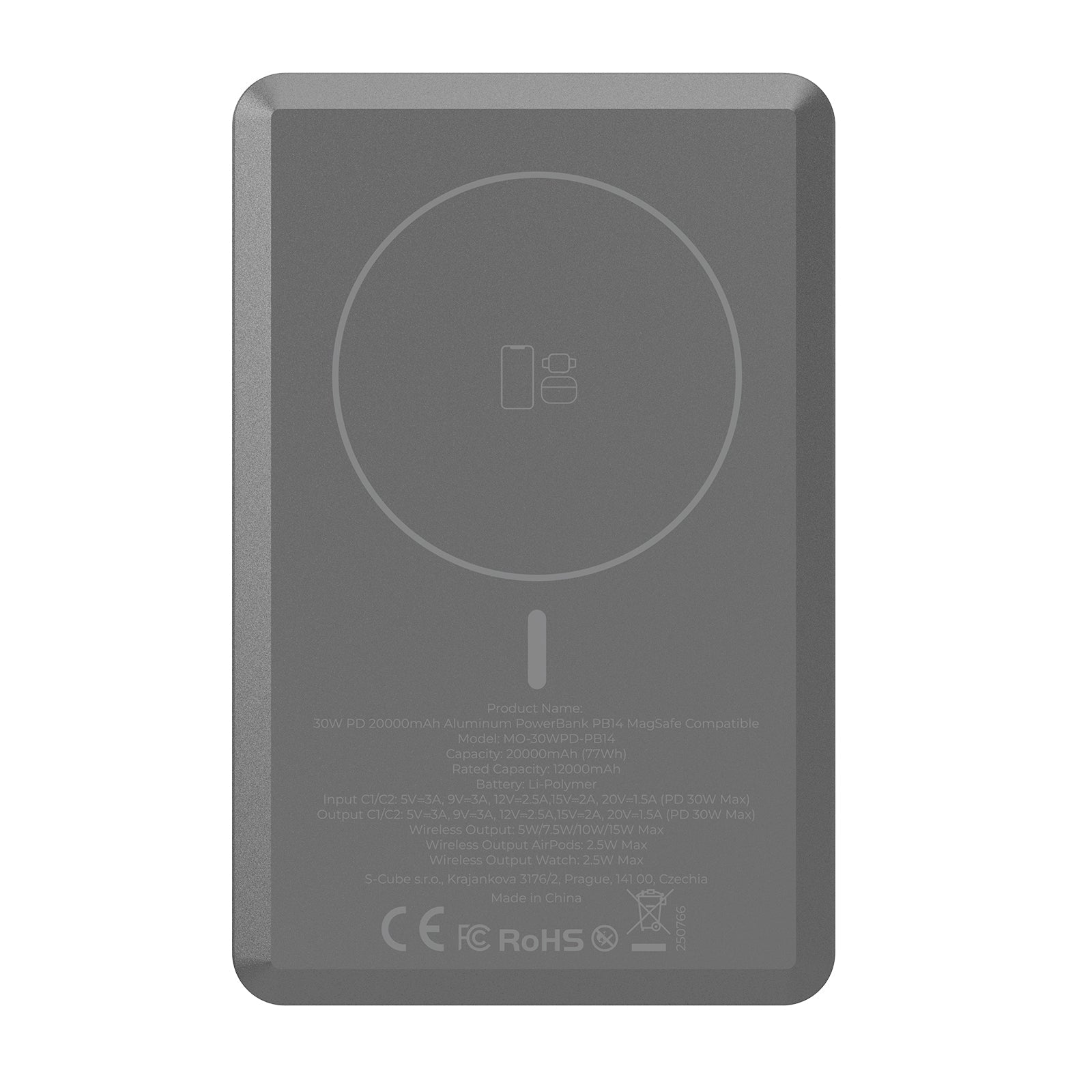 Mobile Origin - Μαγνητικό Ασύρματο MagSafe Power Bank Κινητού 30W 20.000mAh με 2 Θύρες Type - C - Aluminum PB14 - Grey