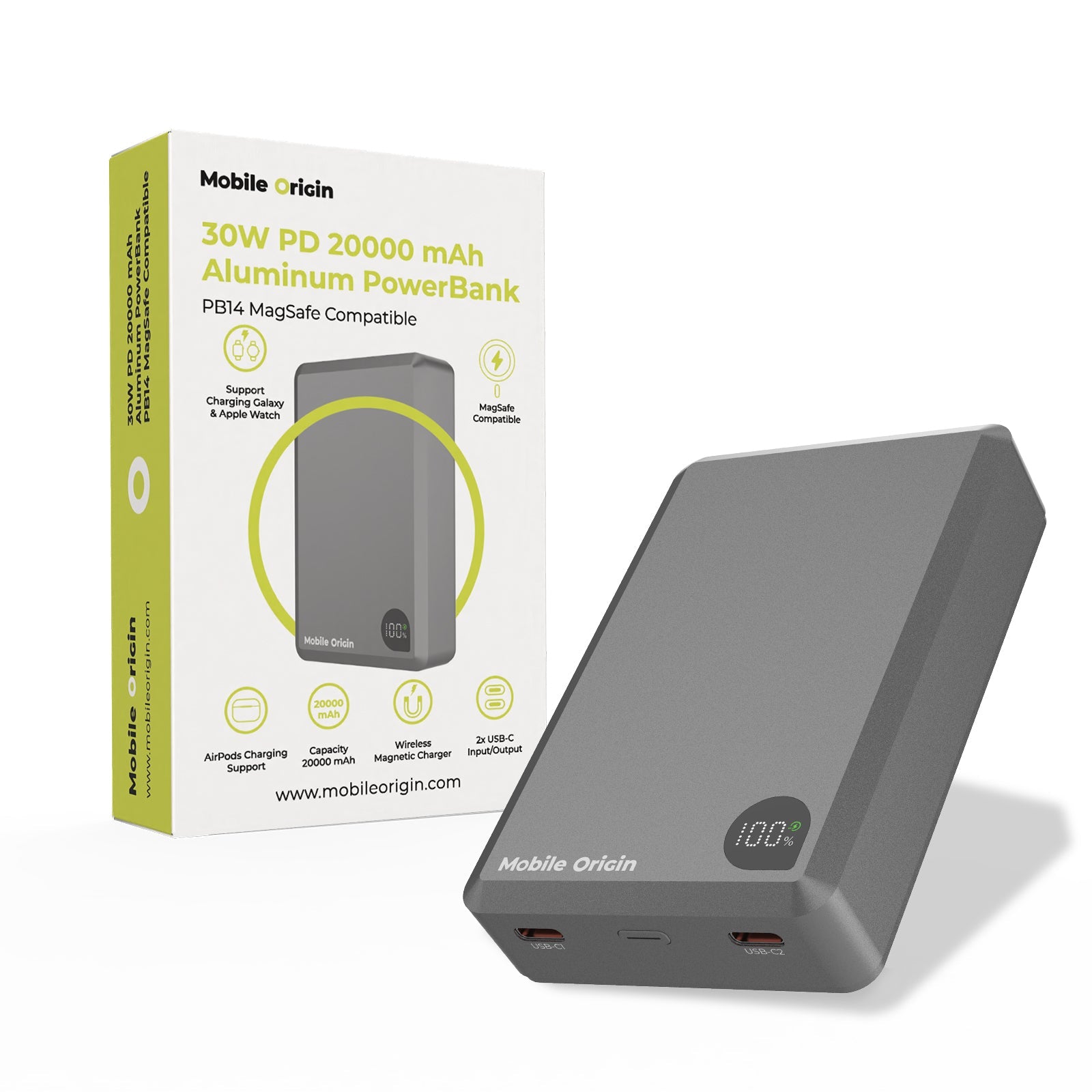 Mobile Origin - Μαγνητικό Ασύρματο MagSafe Power Bank Κινητού 30W 20.000mAh με 2 Θύρες Type - C - Aluminum PB14 - Grey