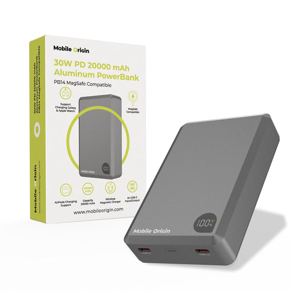 Mobile Origin - Μαγνητικό Ασύρματο MagSafe Power Bank Κινητού 30W 20.000mAh με 2 Θύρες Type - C - Aluminum PB14 - Grey