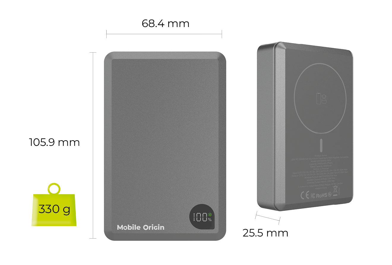 Mobile Origin - Μαγνητικό Ασύρματο MagSafe Power Bank Κινητού 30W 20.000mAh με 2 Θύρες Type - C - Aluminum PB14 - Grey