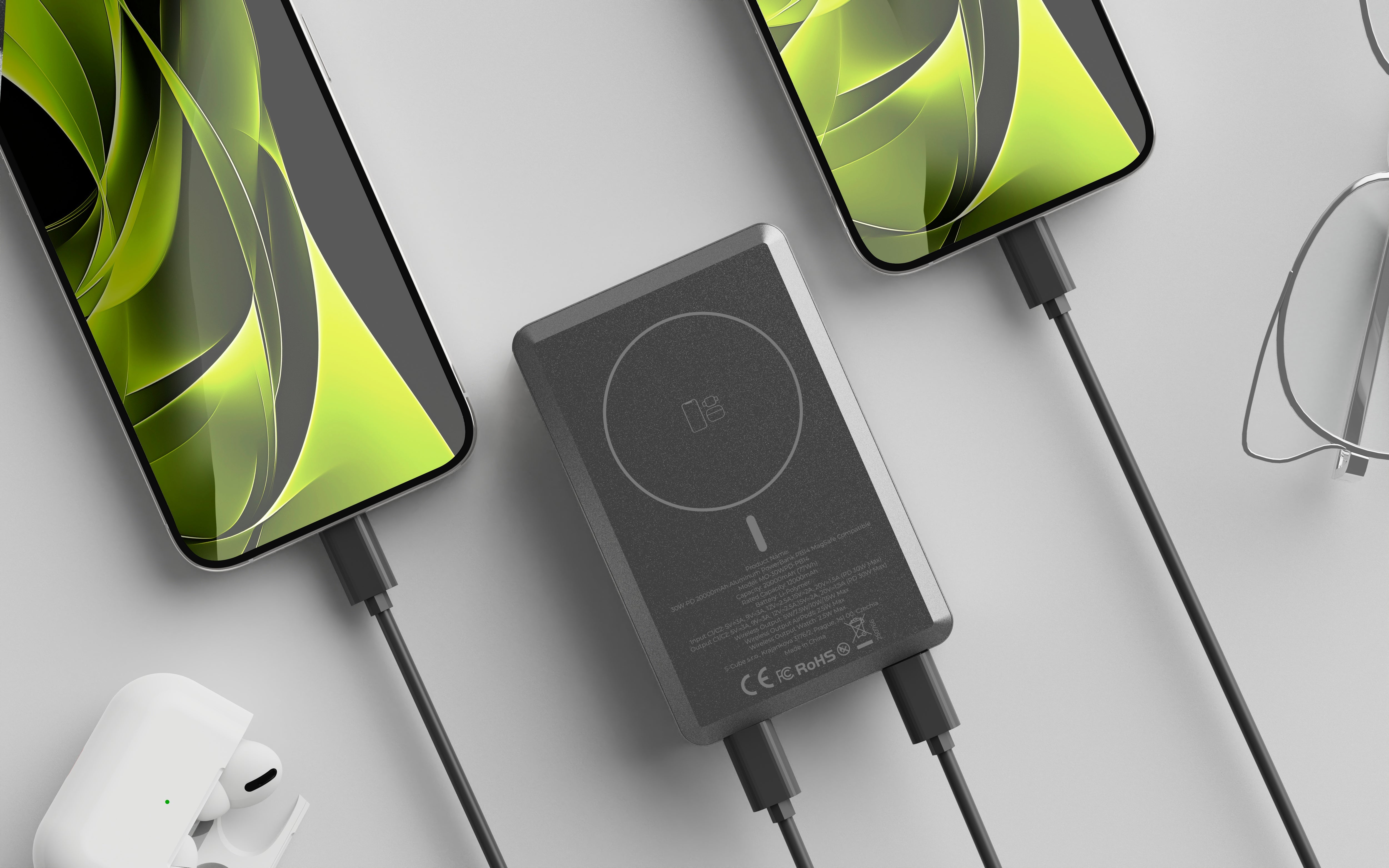 Mobile Origin - Μαγνητικό Ασύρματο MagSafe Power Bank Κινητού 30W 20.000mAh με 2 Θύρες Type - C - Aluminum PB14 - Grey