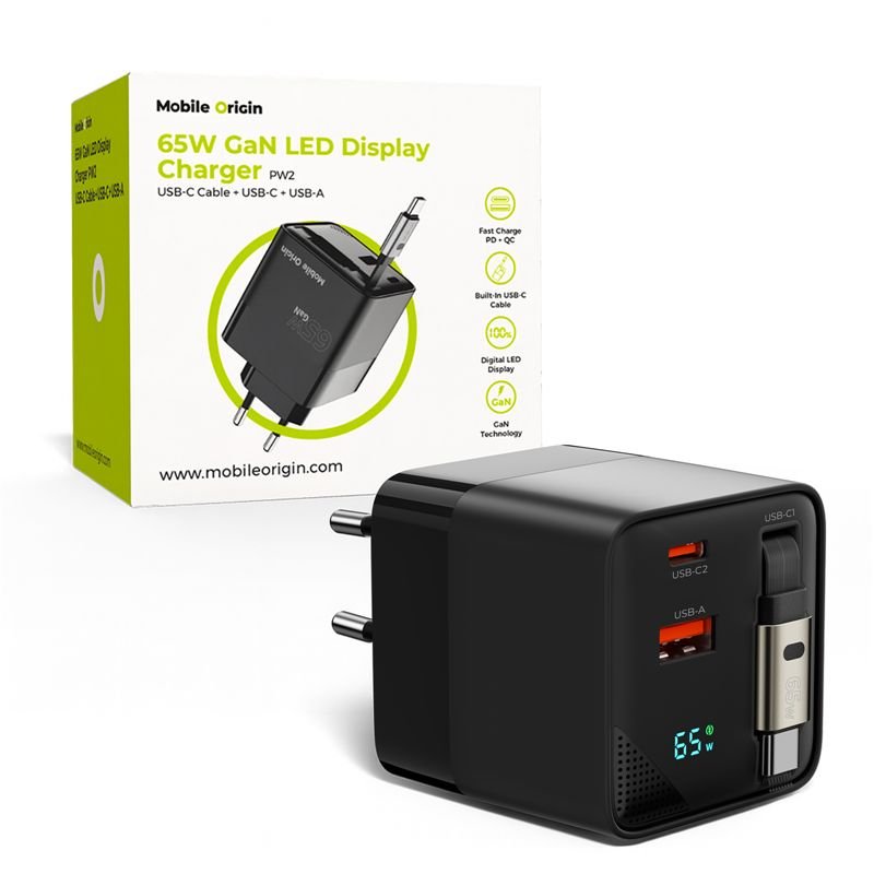 Mobile Origin Οικιακός Φορτιστής Γρήγορης Φόρτισης 65W GaN με 1 Θύρα Type - C, 1 Θύρα USB και Καλώδιο Type - C - PW2 - Black