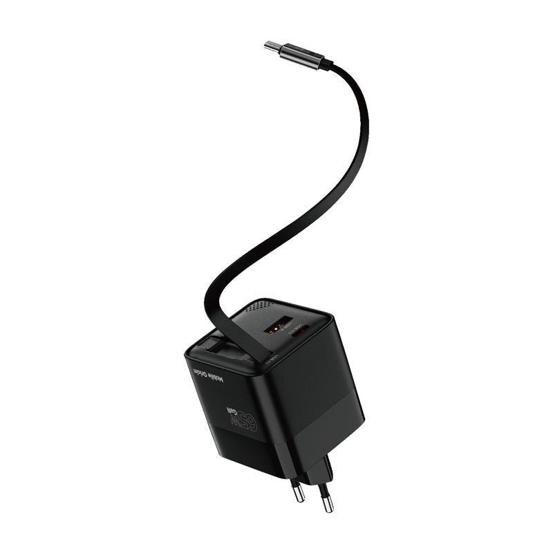 Mobile Origin Οικιακός Φορτιστής Γρήγορης Φόρτισης 65W GaN με 1 Θύρα Type - C, 1 Θύρα USB και Καλώδιο Type - C - PW2 - Black