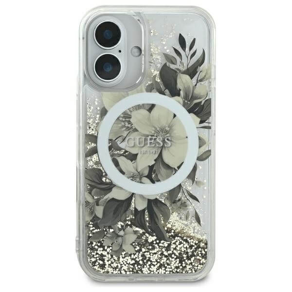 Guess iPhone 16 - Liquid Glitter Flower MagSafe - Σκληρή Θήκη με Πλαίσιο Σιλικόνης - Beige - GUHMP16SLFMWTE