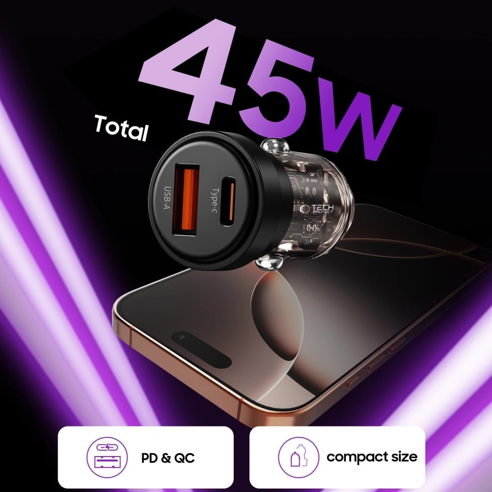 Tech - Protect CC03 PD45W Φορτιστής Αυτοκινήτου Γρήγορης Φόρτισης με 1 Θύρα Type - C και 1 Θύρα USB - Black