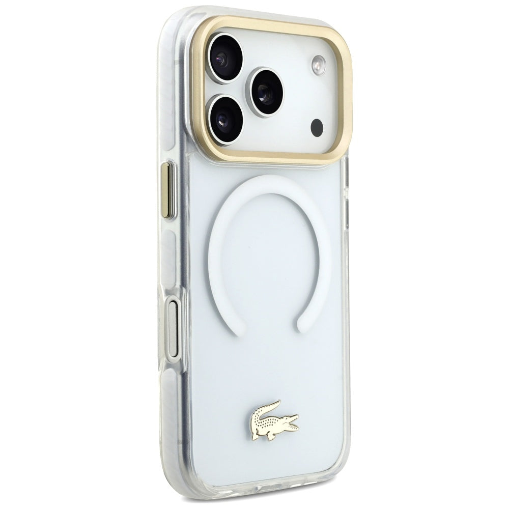 Lacoste iPhone 17 Pro - Shockproof Transparent Frosted Gold Logo MagSafe - Σκληρή Θήκη με Πλαίσιο Σιλικόνης - White