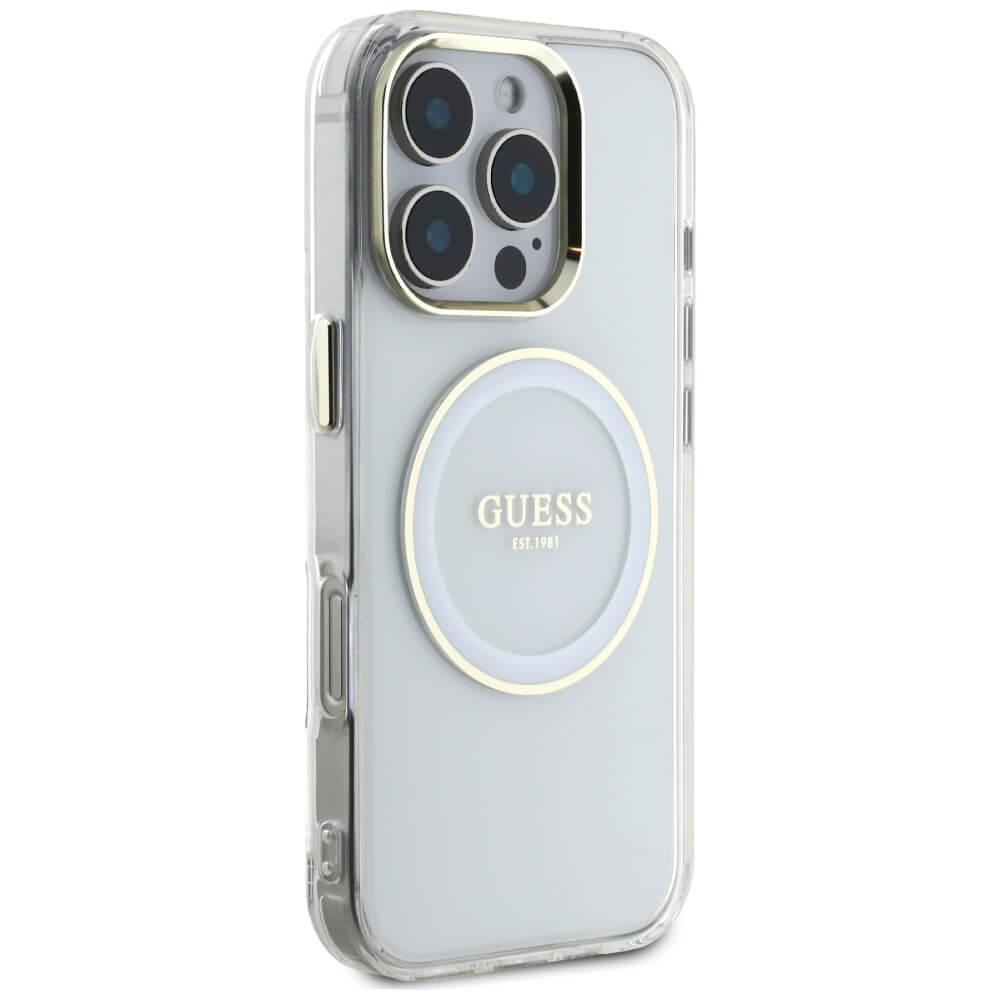 Guess iPhone 16 Pro Max IML Metal Colored Circle Classic Logo MagSafe Σκληρή Θήκη με Πλαίσιο Σιλικόνης και MagSafe - White - GUHMP16XHTDRCEDH