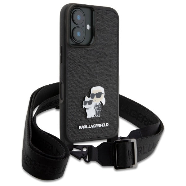 Karl Lagerfeld iPhone 16 - Saffiano Karl and Choupette Metal Pin CBDY Strap - Σκληρή Θήκη με Επένδυση Συνθετικού Δέρματος με Πλαίσιο Σιλικόνης και Λουράκι - Black - KLHCP16SSAKCPBK