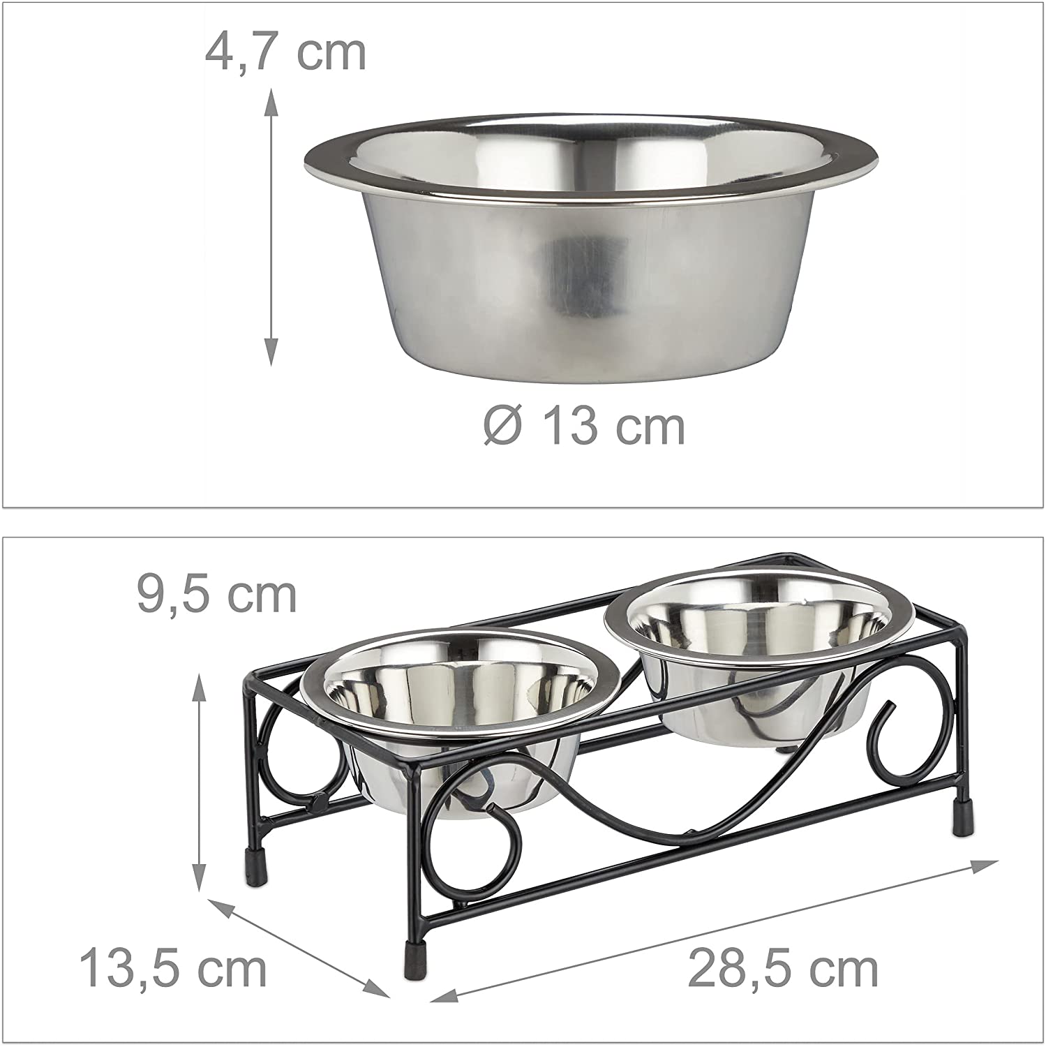 Relaxdays Σιδερένια Βάση με 2 Μπολ από Ανοξείδωτο Ατσάλι για Κατοικίδια - 300 ml - Silver / Black - 4052025373887