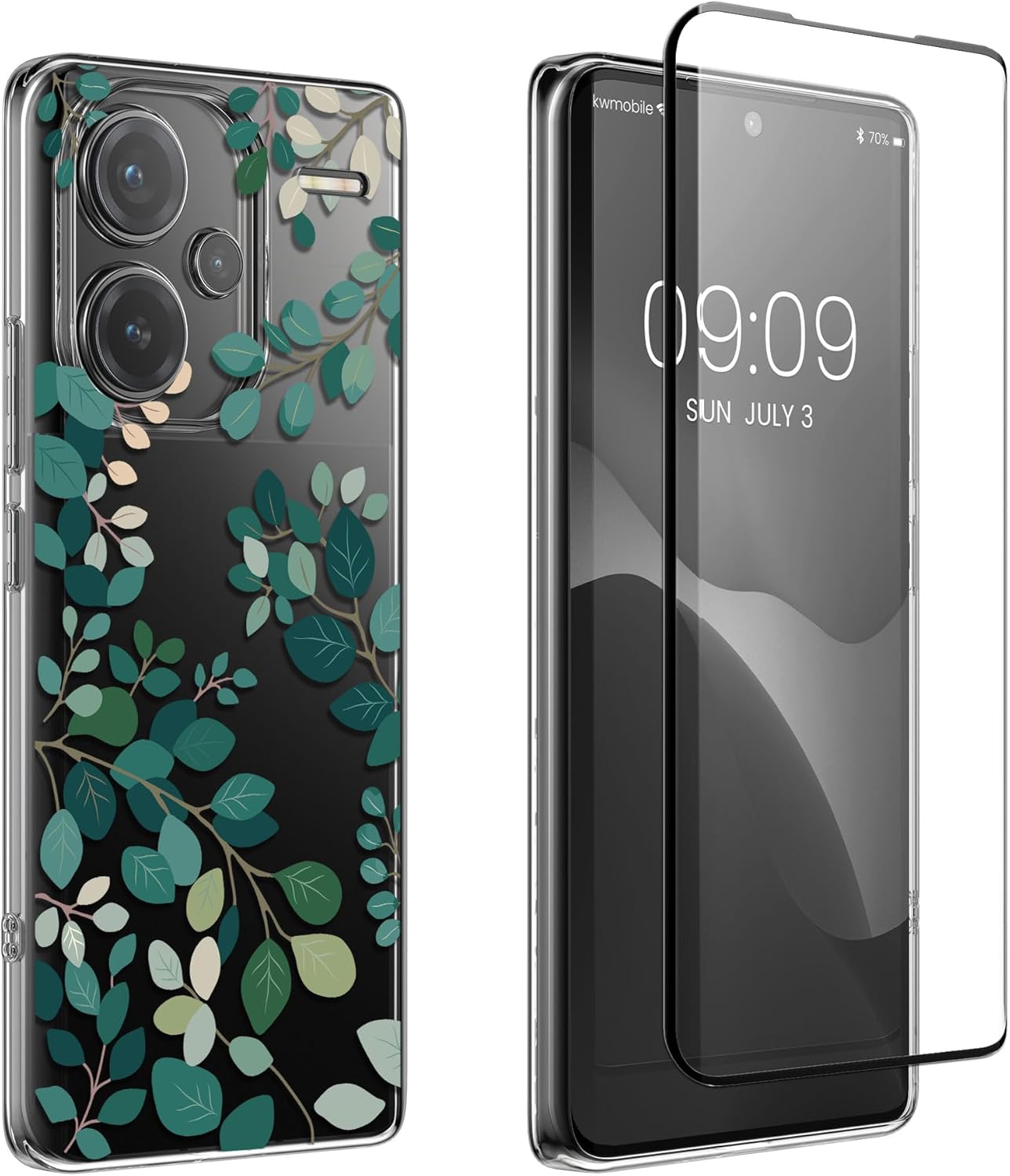 KW Xiaomi Redmi Note 13 Pro+ 5G Θήκη Σιλικόνης TPU με Αντιχαρακτικό Γυαλί - Design Spring Leaves - Green / Διάφανη