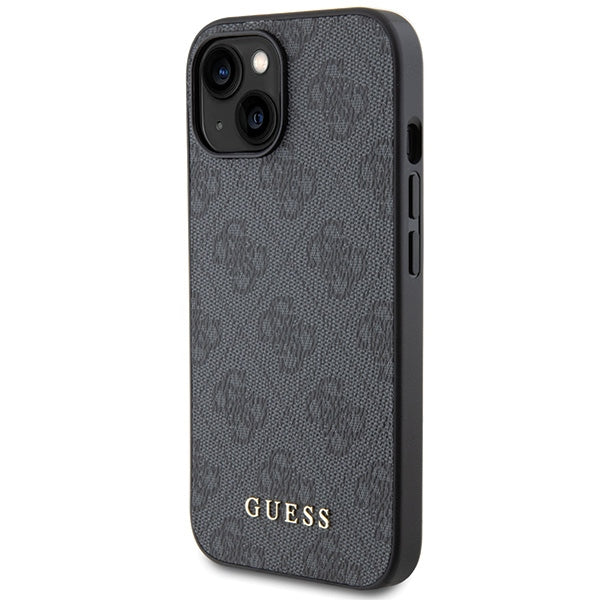 Guess iPhone 15 - 4G Metal Gold Logo Σκληρή Θήκη με Επένδυση Συνθετικού Δέρματος - Grey - GUHCP15SG4GFGR