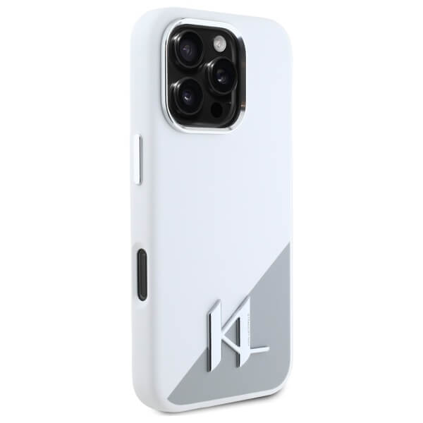 Karl Lagerfeld iPhone 16 Pro Max - Silicone Initial Metal Logo - MagSafe Σκληρή Θήκη με Πλαίσιο Σιλικόνης - White - KLHMP16XSCMKMPCH