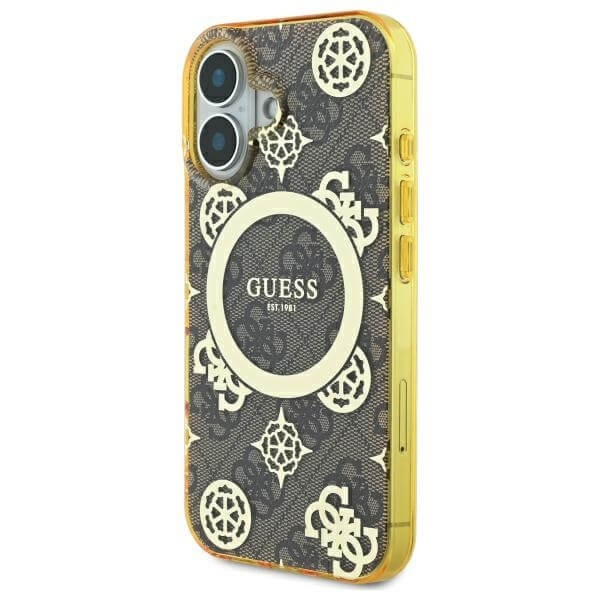 Guess iPhone 16 - IML Peony On 4G Background MagSafe - Θήκη με Επένδυση Συνθετικού Δέρματος - Brown - GUHMP16SH4PYEEW