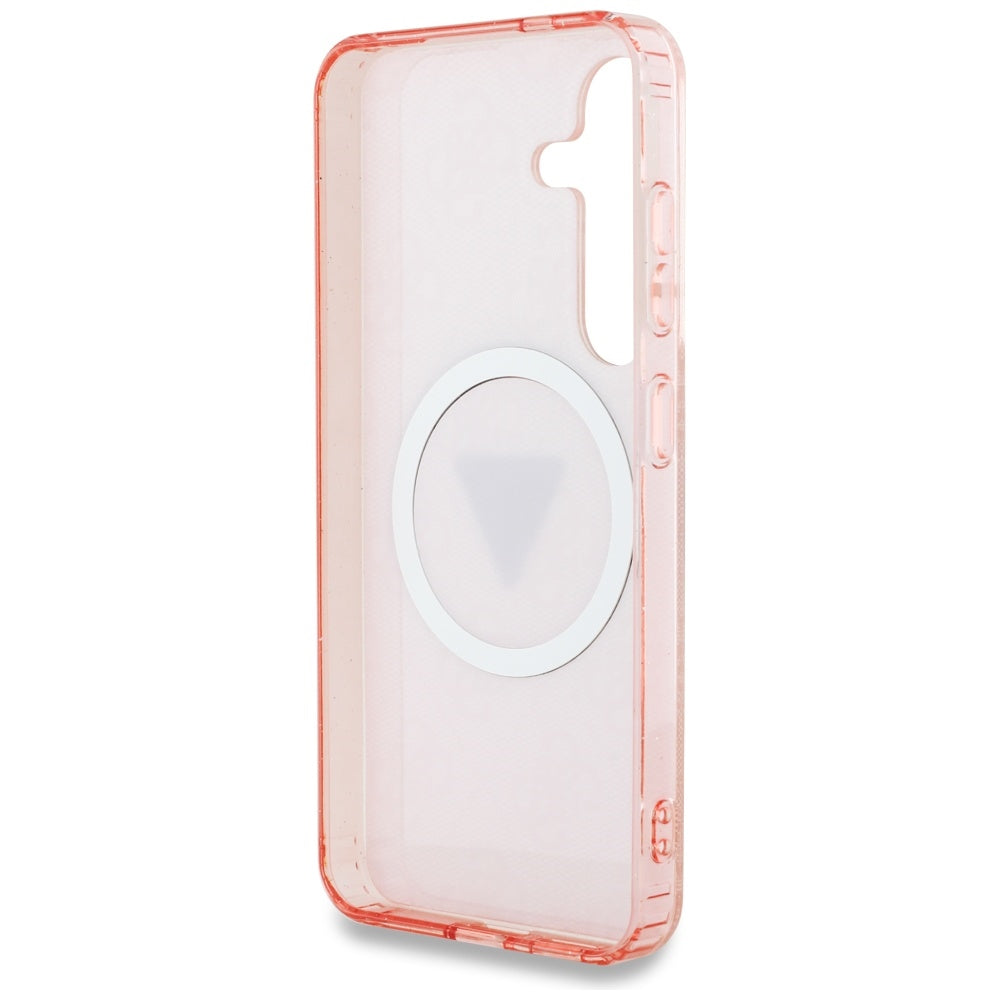 Guess Samsung Galaxy S25 - 4G Glitter Triangle Buttons - MagSafe Σκληρή Θήκη με Πλαίσιο Σιλικόνης - Pink - GUHMS25SHG4PRTGP