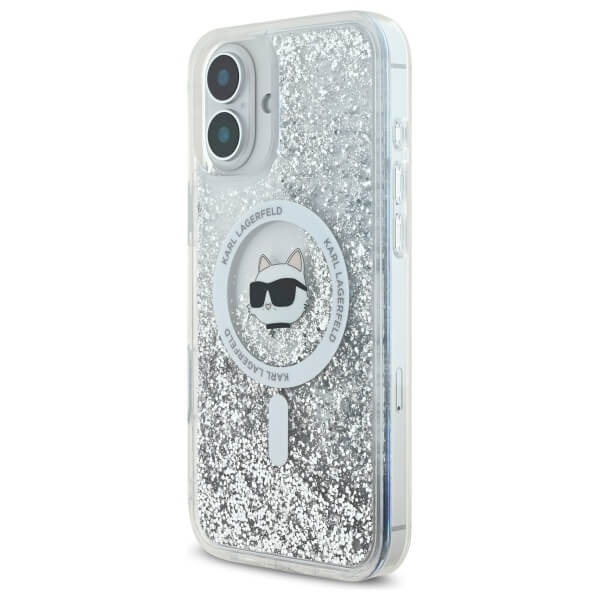 Karl Lagerfeld iPhone 16 - Liquid Glitter Choupette Head MagSafe - Σκληρή Θήκη με Πλαίσιο Σιλικόνης - Διάφανη - KLHMP16SLGCHSGH