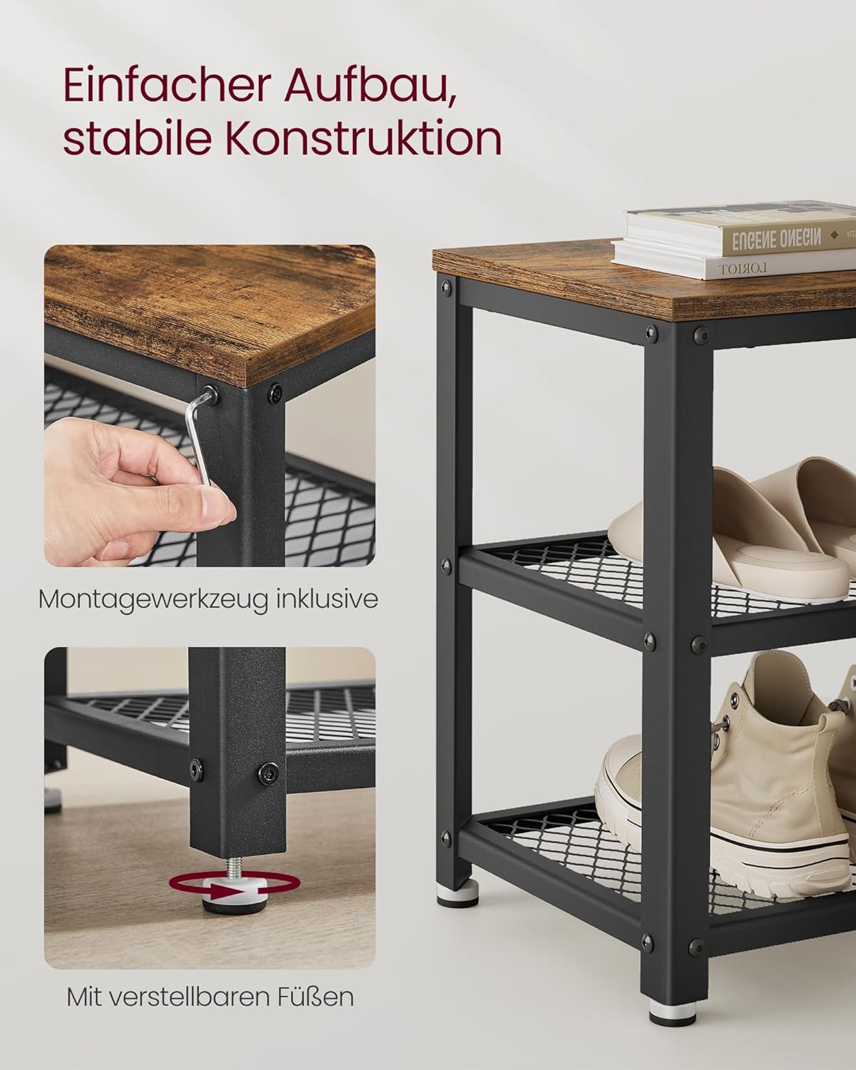 Vasagle Μεταλλική Παπουτσοθήκη με 2 Ράφια και Κάθισμα - 30 x 73 x 45 cm - Black / Brown - LBS73X