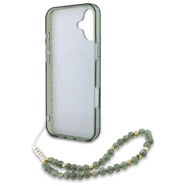 Guess iPhone 16 - IML Flowers Allover Electro With Pearl Strap MagSafe - Σκληρή Θήκη με Πλαίσιο Σιλικόνης και Λουράκι - White / Green - GUHMP16SHCPOFPA