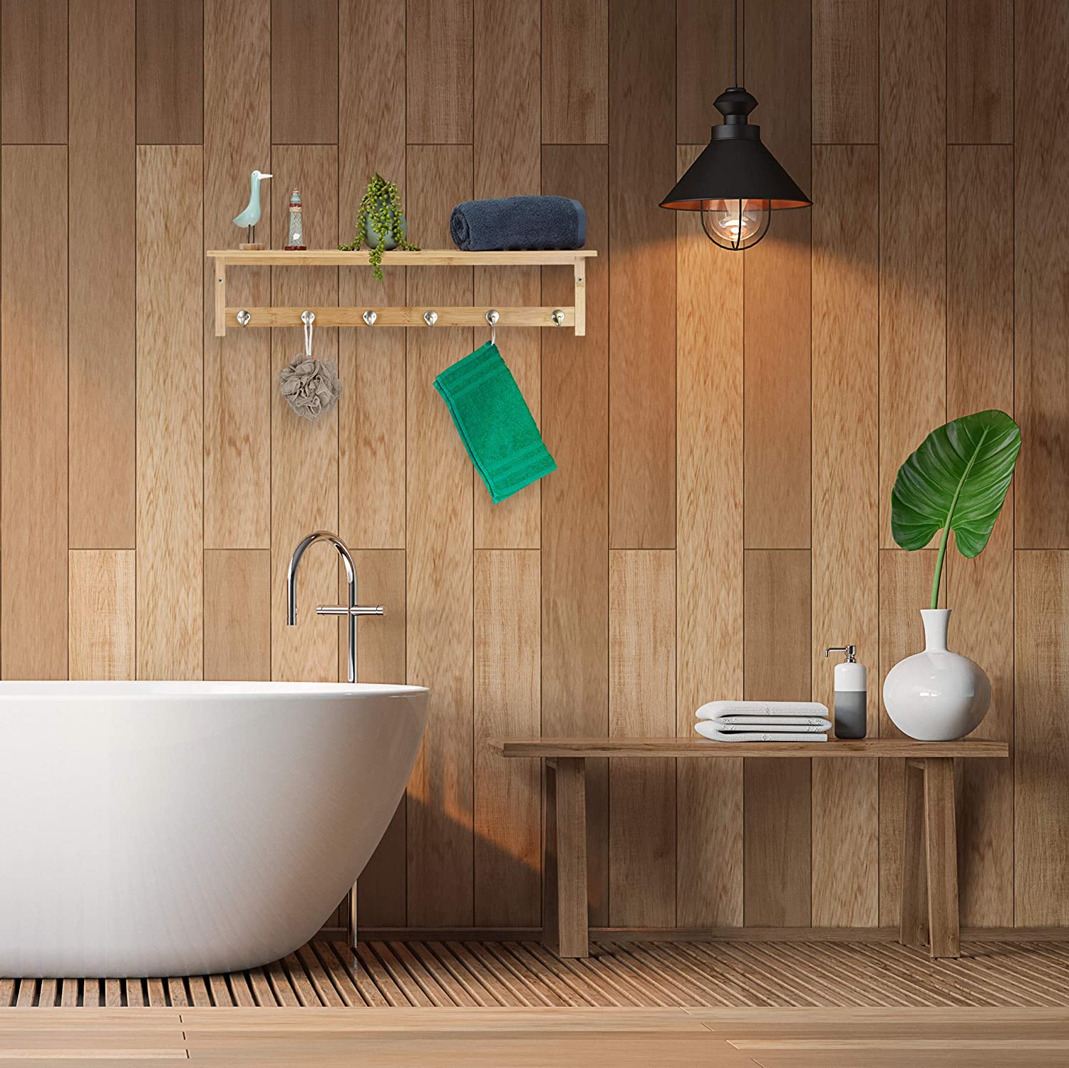 Relaxdays Ξύλινο Ράφι από Μπαμπού Μπάνιου με 6 Γάντζους για Πετσέτες - Natural - 4052025314552