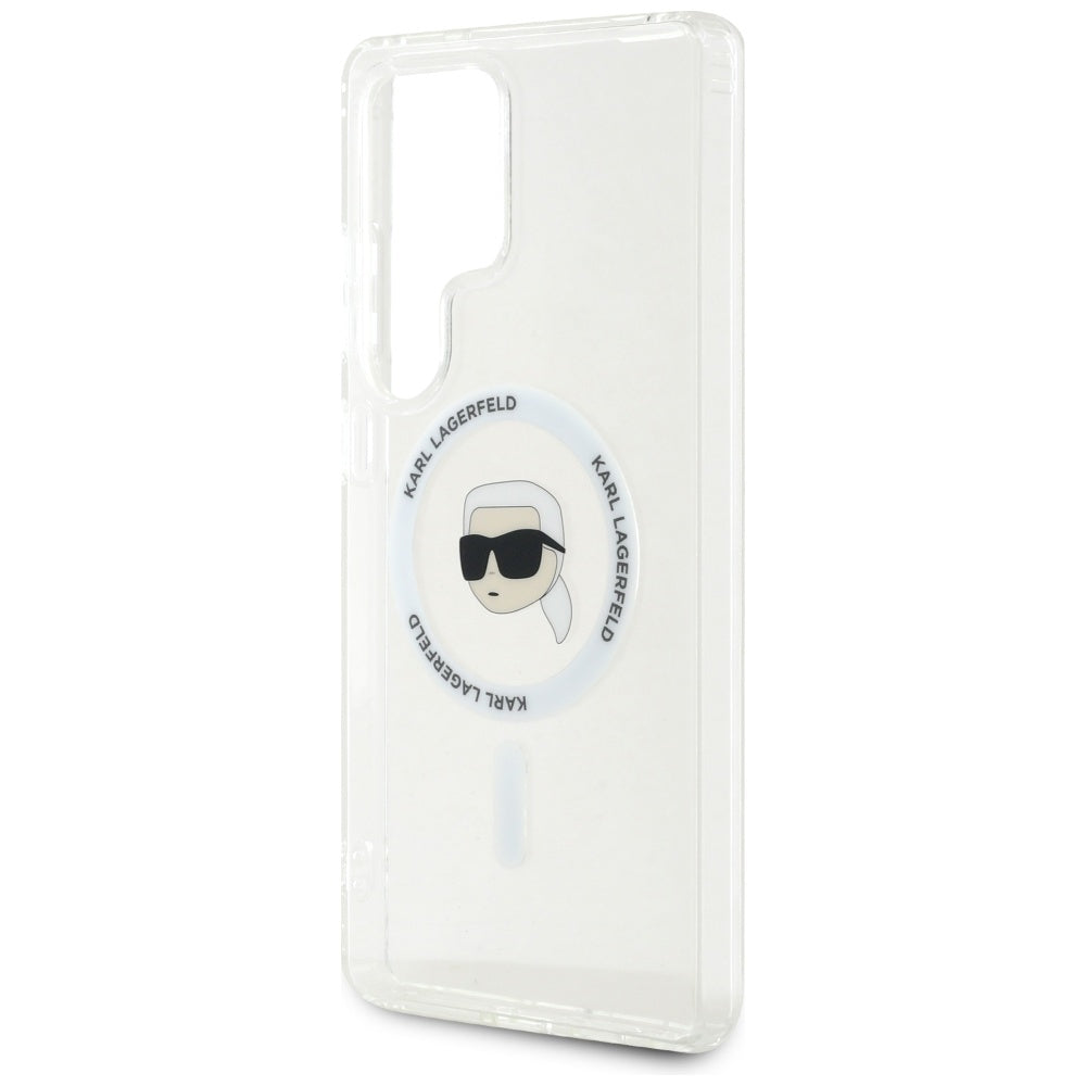 Karl Lagerfeld Samsung Galaxy S25 Ultra - Button Karl Head Printed Logo - MagSafe Σκληρή Θήκη με Πλαίσιο Σιλικόνης - White - KLHMS25LHLSKIH