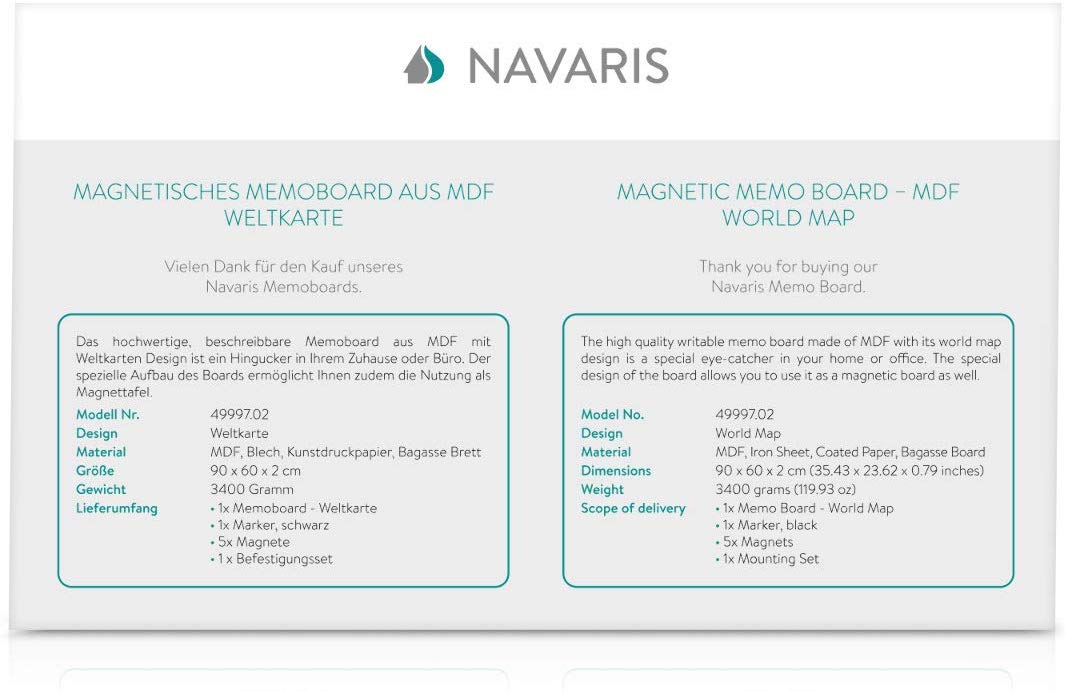 Navaris Μαγνητικός Πίνακας - 90 x 60cm - Design World Map - 49997.02