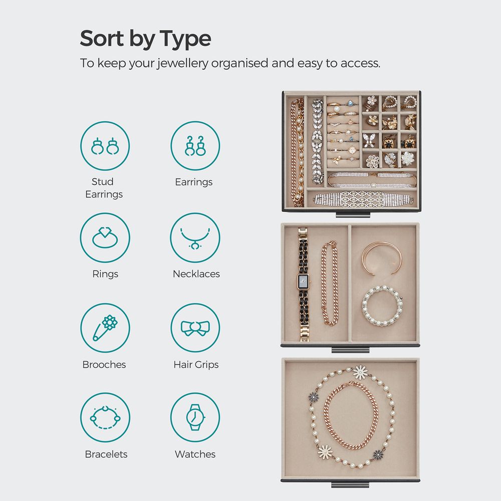 Songmics Κουτί Αποθήκευσης Κοσμημάτων με 3 Επίπεδα - Black - JBC239BK