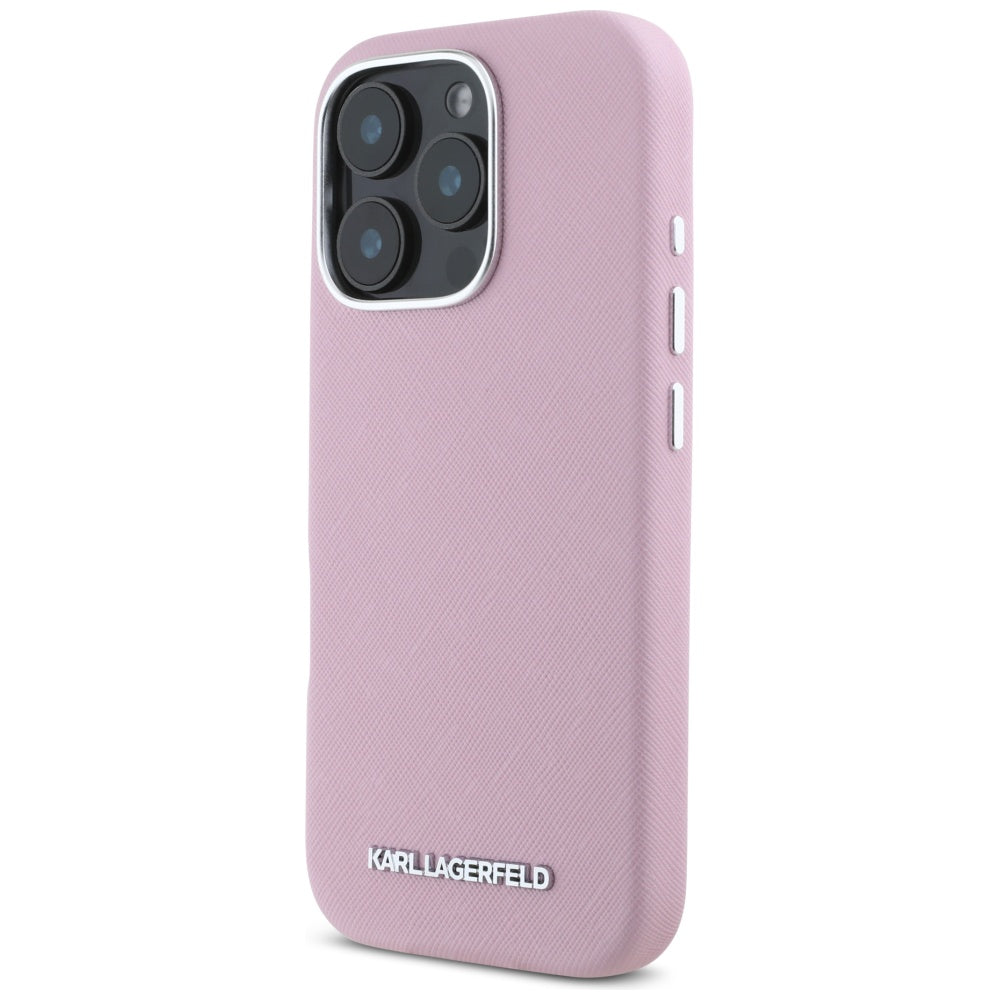 Karl Lagerfeld iPhone 16 Pro - Saffiano Full Wrapped Elongated Metal Logo - MagSafe Σκληρή Θήκη με Επένδυση Συνθετικού Δέρματος και Πλαίσιο Σιλικόνης - Pink - KLHMP16LPSAFWMCP