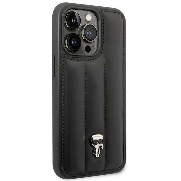 Karl Lagerfeld iPhone 14 Pro - Puffy Ikonik Pin Σκληρή Θήκη με Επένδυση Συνθετικού Δέρματος και Πλαίσιο Σιλικόνης - Black - KLHCP14LPSQPK
