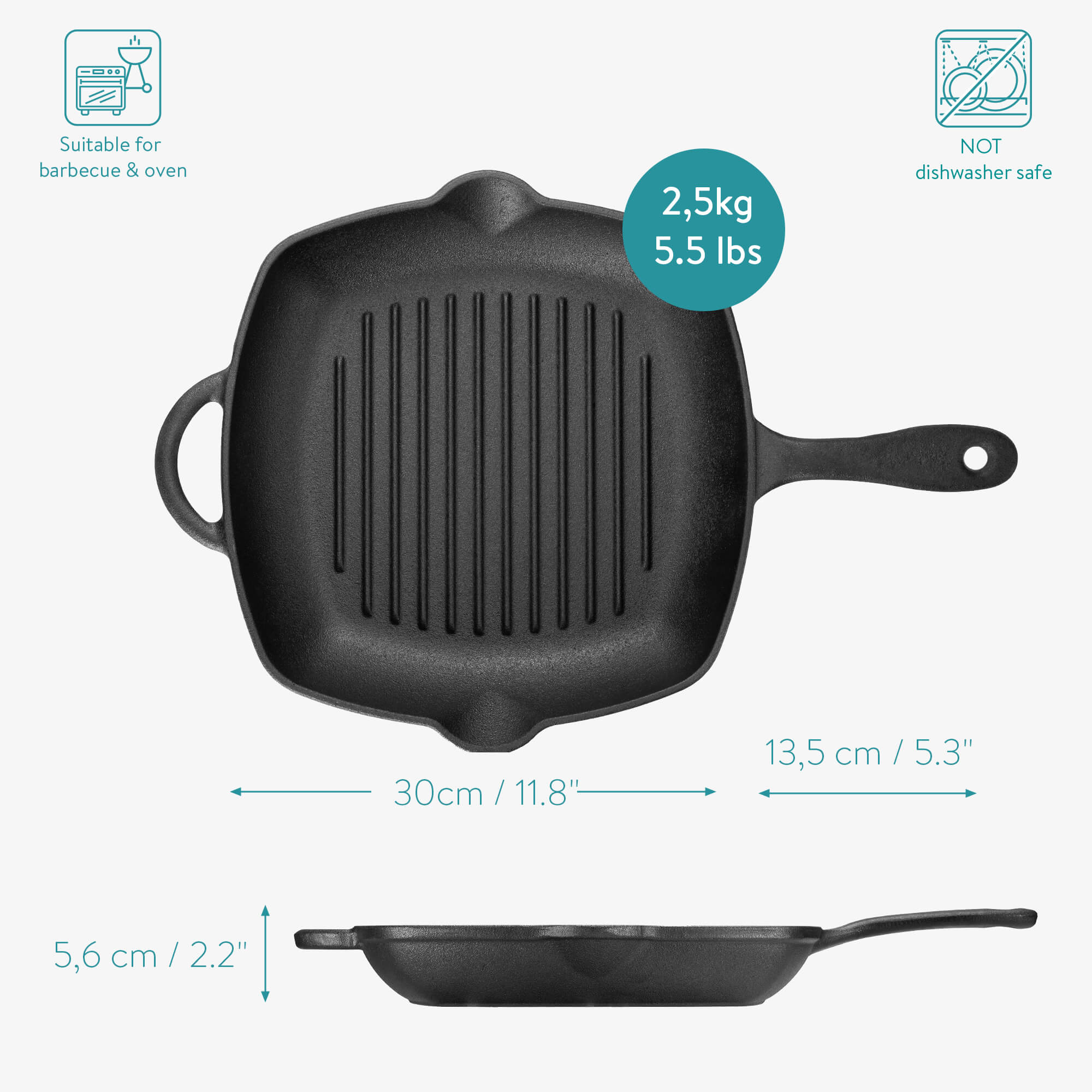 Navaris Μαντεμένια Γκριλιέρα - 28cm - Black - 52481.02