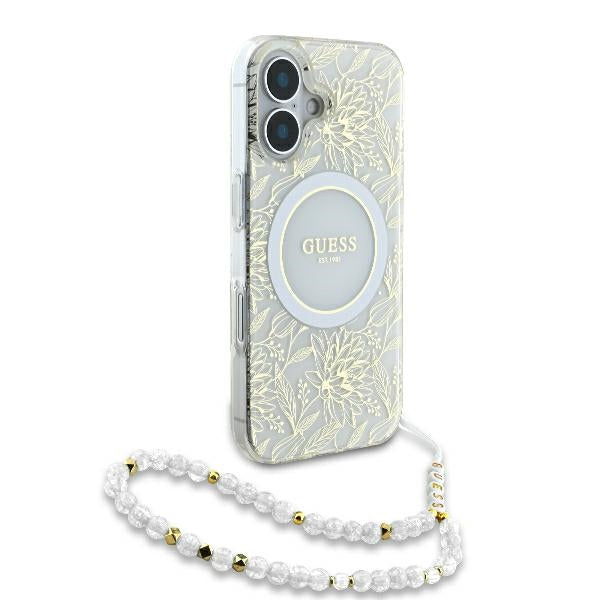Guess iPhone 16 Plus - IML Flowers Allover Electro With Pearl Strap MagSafe - Σκληρή Θήκη με Πλαίσιο Σιλικόνης και Λουράκι - White / Διάφανη - GUHMP16MHCPOFPH