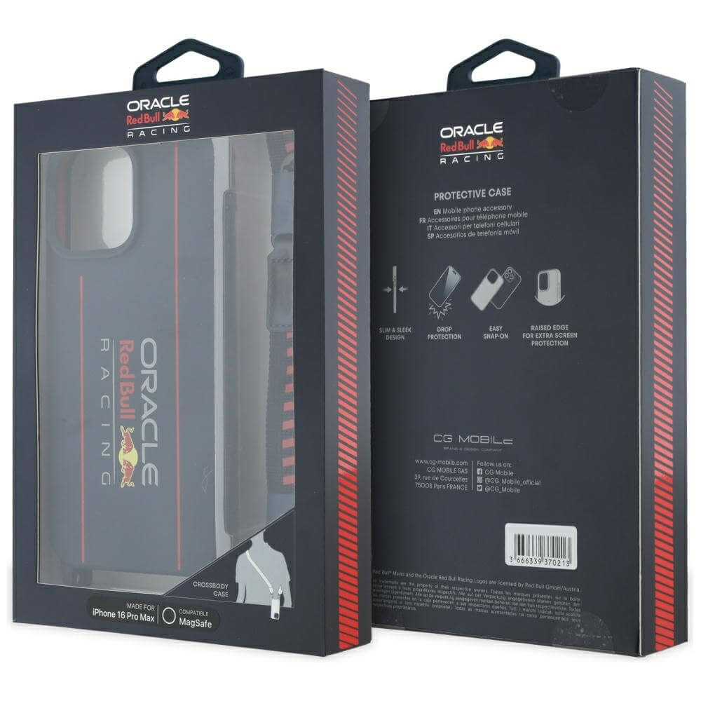 Red Bull iPhone 16 Pro Max - Silicone Strap and Vertical Logo - MagSafe Σκληρή Θήκη με Πλαίσιο Σιλικόνης και Λουράκι - Navy Blue - RBHMP16X24SISOLRV