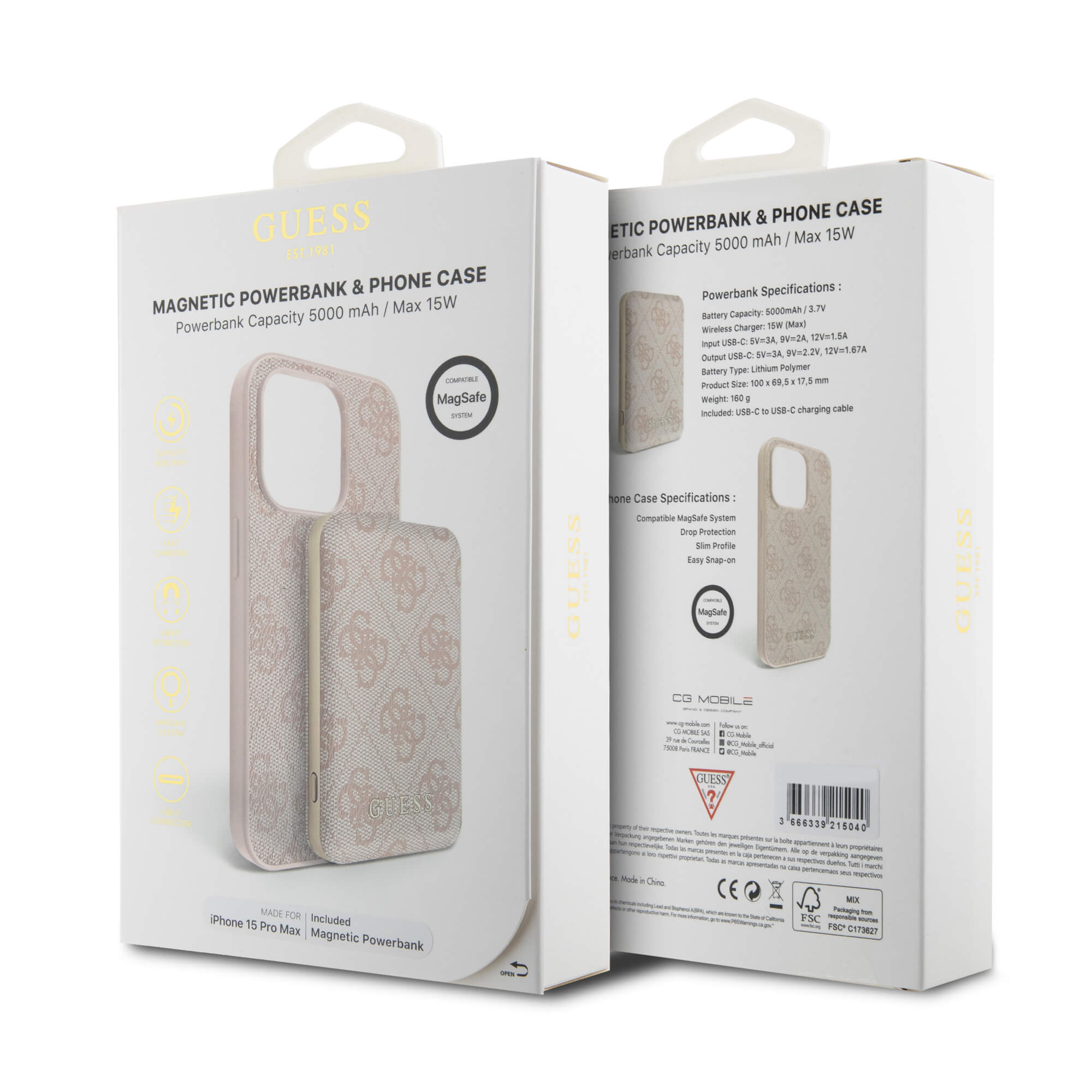 Guess iPhone 15 Pro Max - 4G Metal Logo Σετ MagSafe Σκληρή Θήκη με Επένδυση Συνθετικού Δέρματος και Powerbank 5000mAh - Pink - GUBPM5P15X4GEMGP