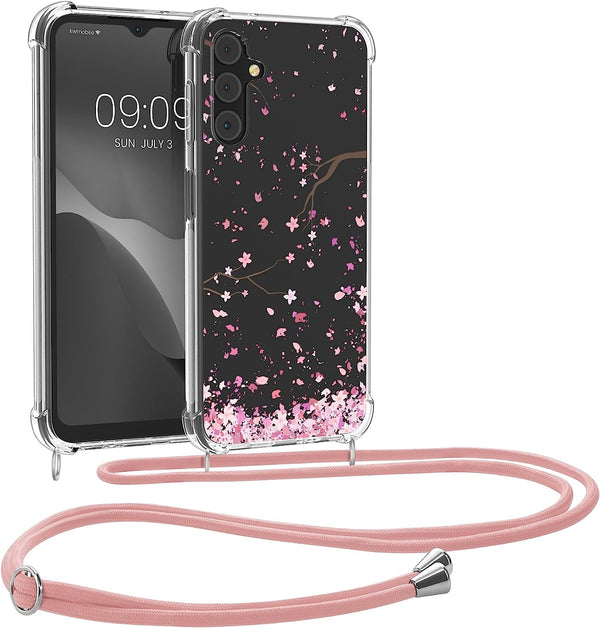 KW Samsung Galaxy A14 5G Θήκη Σιλικόνης TPU με Λουράκι - Design Cherry Blossoms - Pink / Dark Brown / Διάφανη - 61332.02 - likebrands.gr