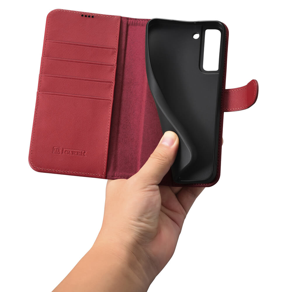 iCarer Samsung Galaxy S22 Plus Haitang Leather Θήκη Πορτοφόλι Stand από Γνήσιο Δέρμα - Red