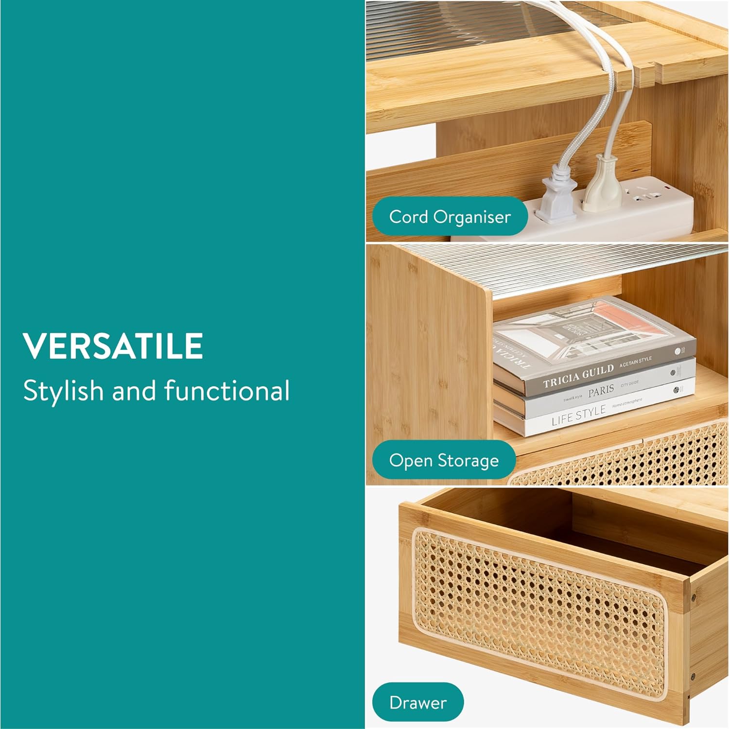 Navaris Κομοδίνο από Μπαμπού και Rattan με Συρτάρι και Γυάλινη Επιφάνεια - Brown - 54441.01