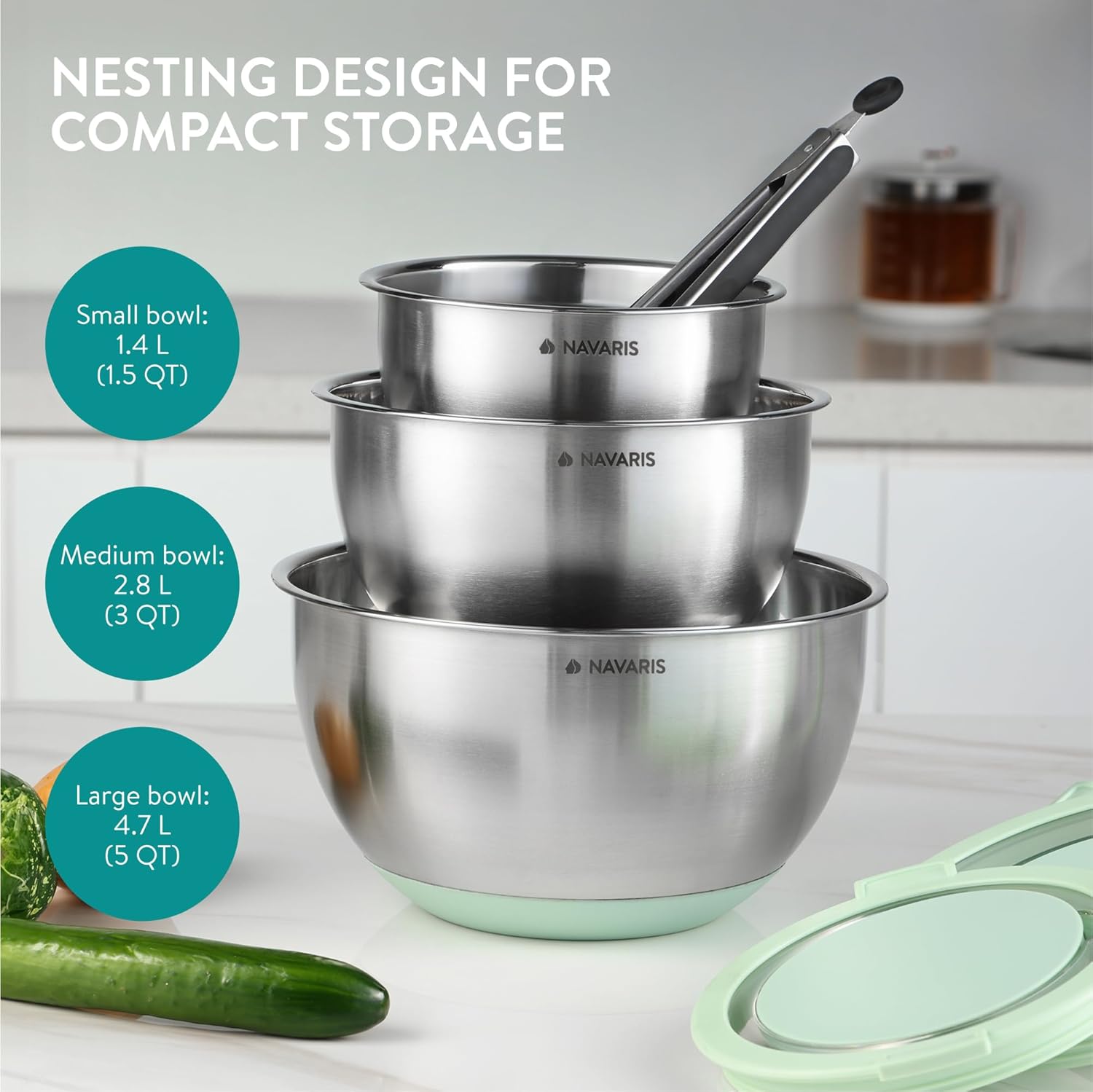 Navaris Σετ με 3 Μπολ Ανάμειξης από Ανοξείδωτο Ατσάλι με καπάκι και 3 Τρίφτες - Mint Green