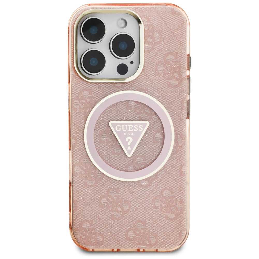 Guess iPhone 16 Pro - IML Metal Glitter 4G Circle Triangle MagSafe - Σκληρή Θήκη με Πλαίσιο Σιλικόνης και MagSafe - Pink - GUHMP16LHG4PRTGP