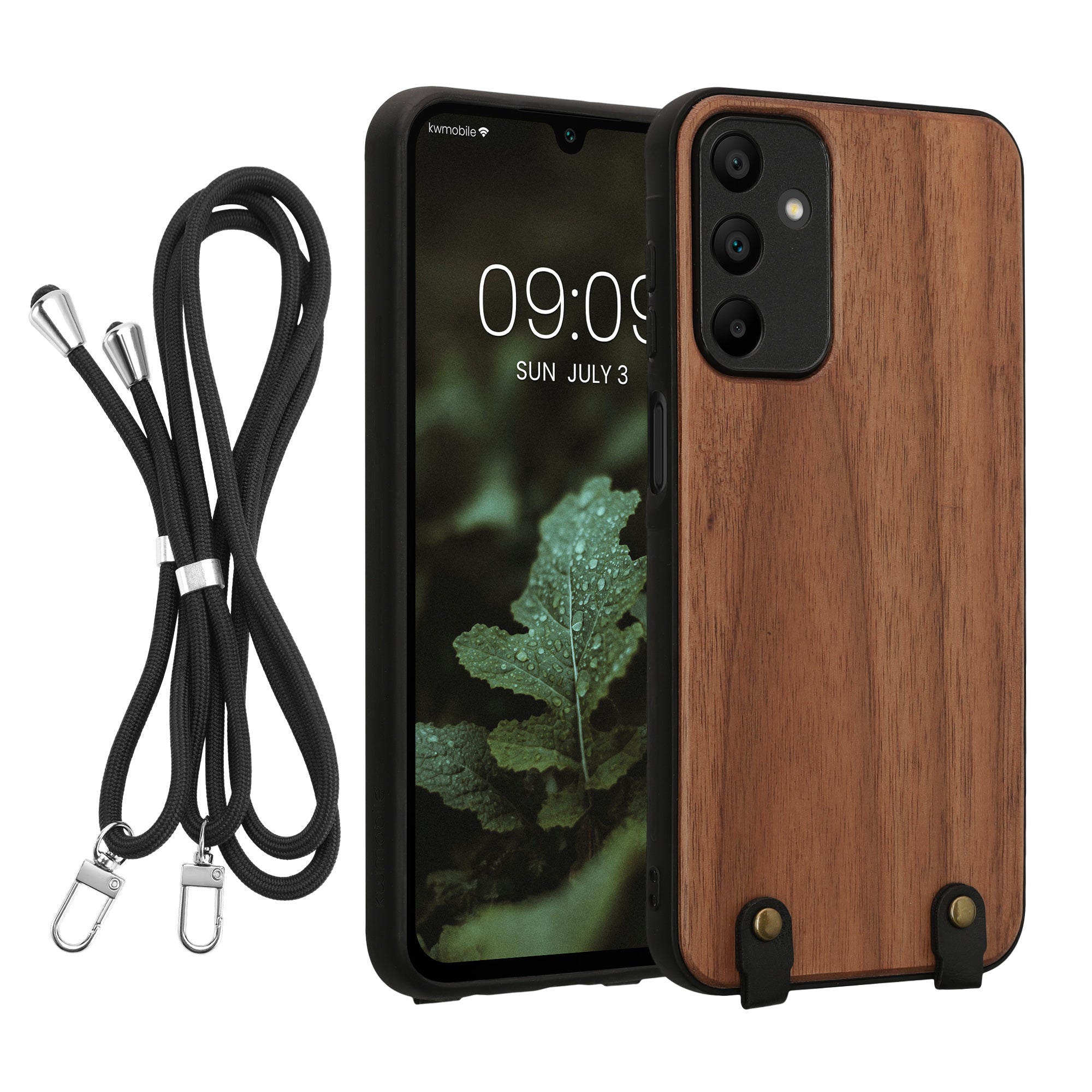 KW Samsung Galaxy A15 4G / A15 5G Θήκη από Φυσικό Ξύλο με Πλαίσιο Σιλικόνης και Λουράκι - Dark Brown