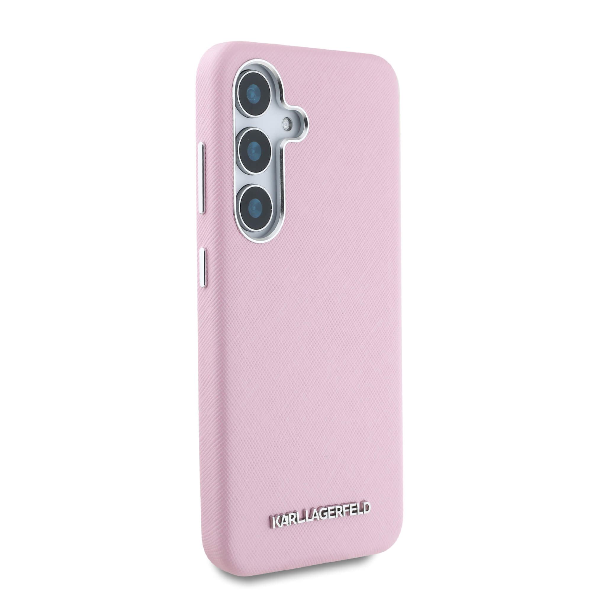 Karl Lagerfeld Samsung Galaxy S25 - Saffiano Full Wrapped Elongated Metal Logo - MagSafe Σκληρή Θήκη με Επένδυση Συνθετικού Δέρματος και Πλαίσιο Σιλικόνης - Pink - KLHMS25SPSAFWMCP
