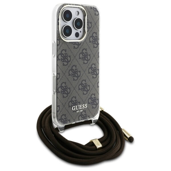Guess iPhone 16 Pro Max - Crossbody Cord 4G Print - Σκληρή Θήκη με Πλαίσιο Σιλικόνης και Λουράκι - Brown - GUHCP16XHC4SEW