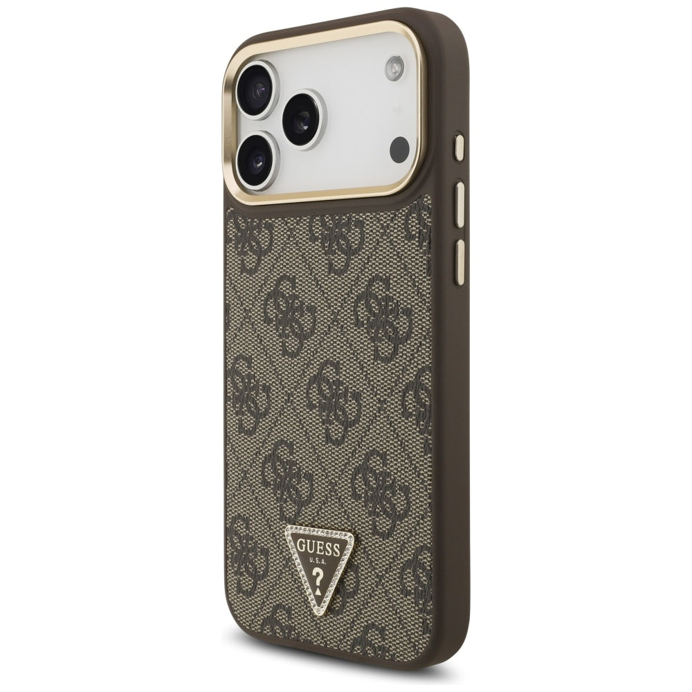 Guess iPhone 17 Pro Max - 4G Triangle Strass Logo MagSafe - Σκληρή Θήκη με Επένδυση Συνθετικού Δέρματος - Brown / Gold - GUHMP17XP4GTDGMW