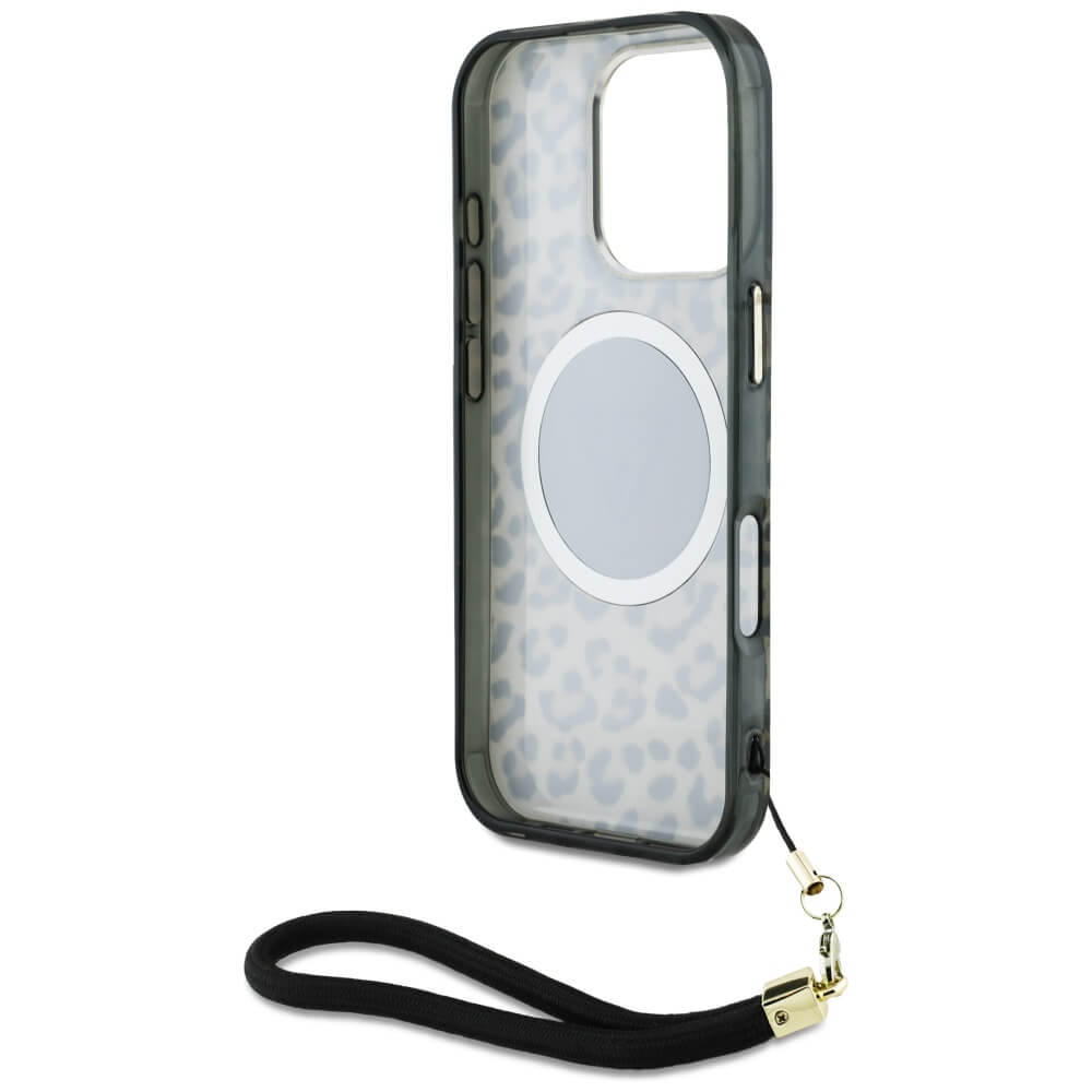 Guess iPhone 16 Pro Max - HC IML Leopard Triangle Cord Strap MagSafe - Σκληρή Θήκη με Πλαίσιο Σιλικόνης και Λουράκι - Brown - GUHMP16XHLORSSW