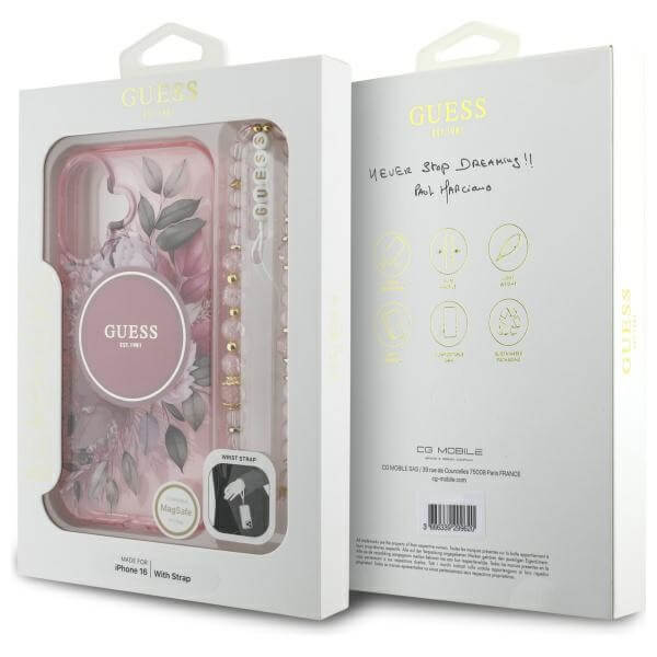 Guess iPhone 16 - IML Flowers With Pearl Strap MagSafe - Σκληρή Θήκη με Πλαίσιο Σιλικόνης και Λουράκι - Pink - GUHMP16SHFWBRCESP